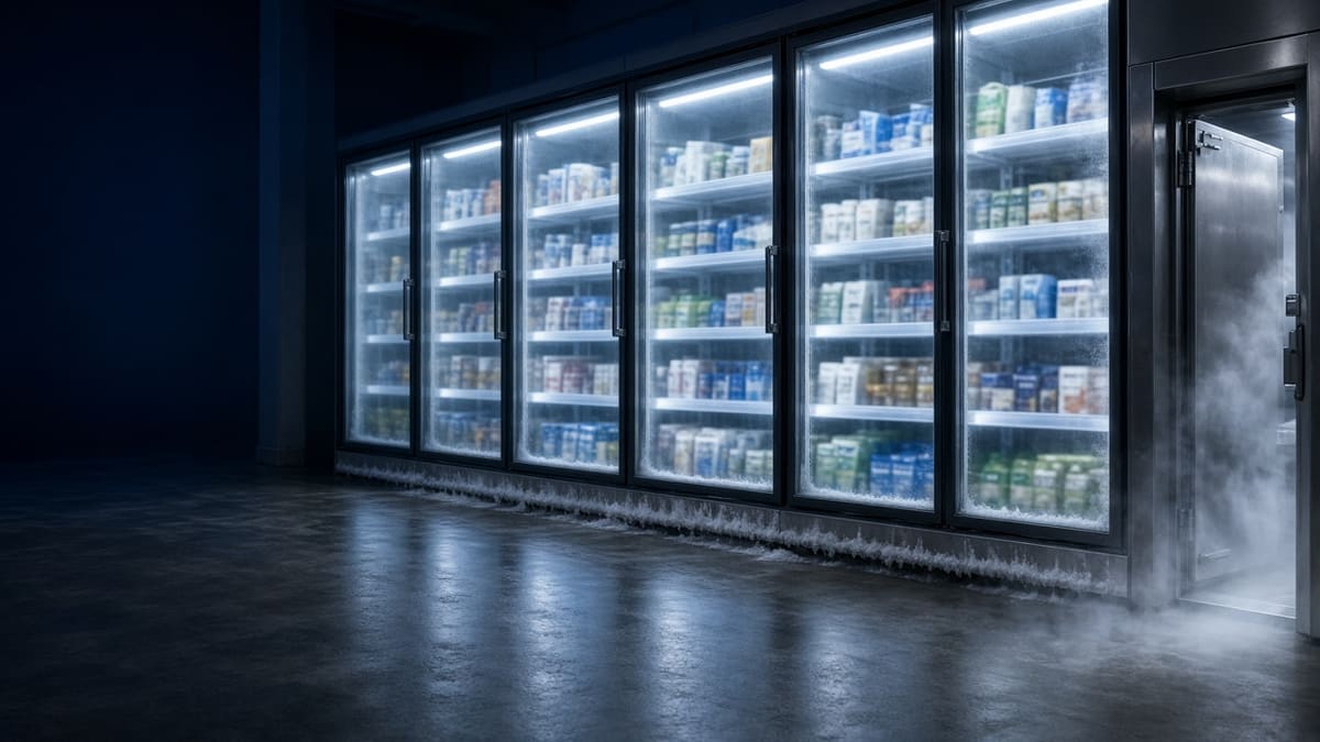 Commercial freezer aisle at night with frost on the glass doors and a walk-in freezer door open at the end.