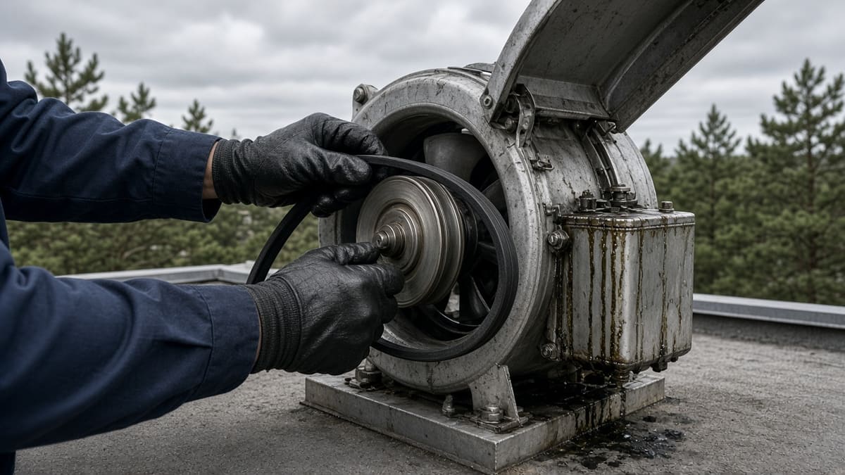 Gloved hands fitting a new belt on a rooftop kitchen exhaust fan with its grease box.