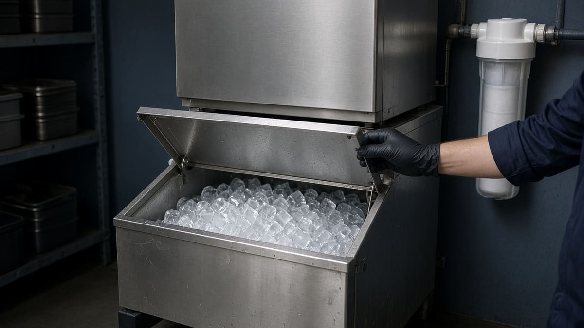 Technician lifting the bin door of a commercial ice machine full of clear cubes.