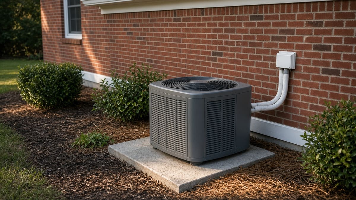 Outdoor air conditioning unit on a concrete pad beside a brick home.