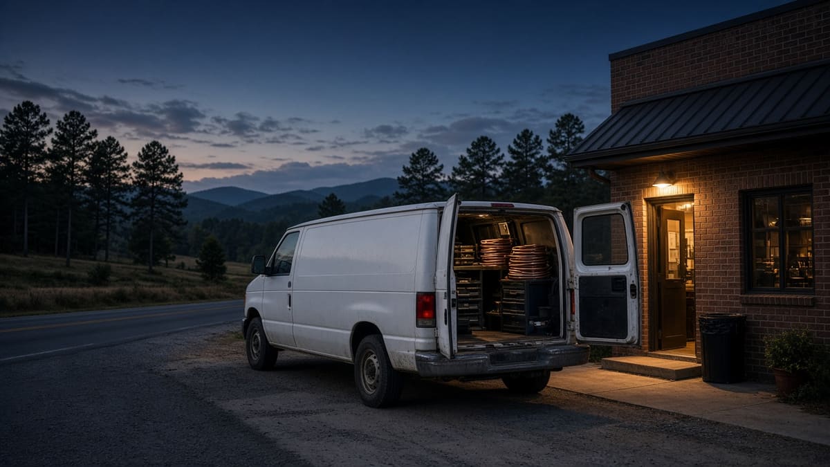 White service van with rear doors open behind a brick restaurant at dusk, hills and pines behind.