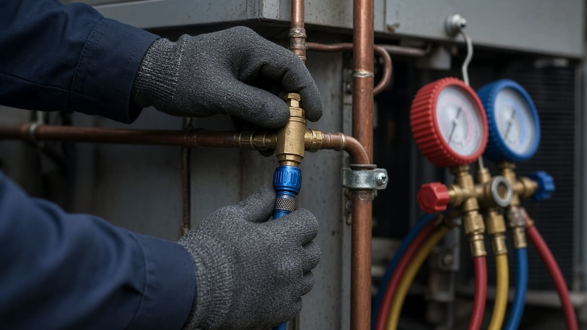 Technician connecting refrigerant gauge hoses to the service valve of a condensing unit.