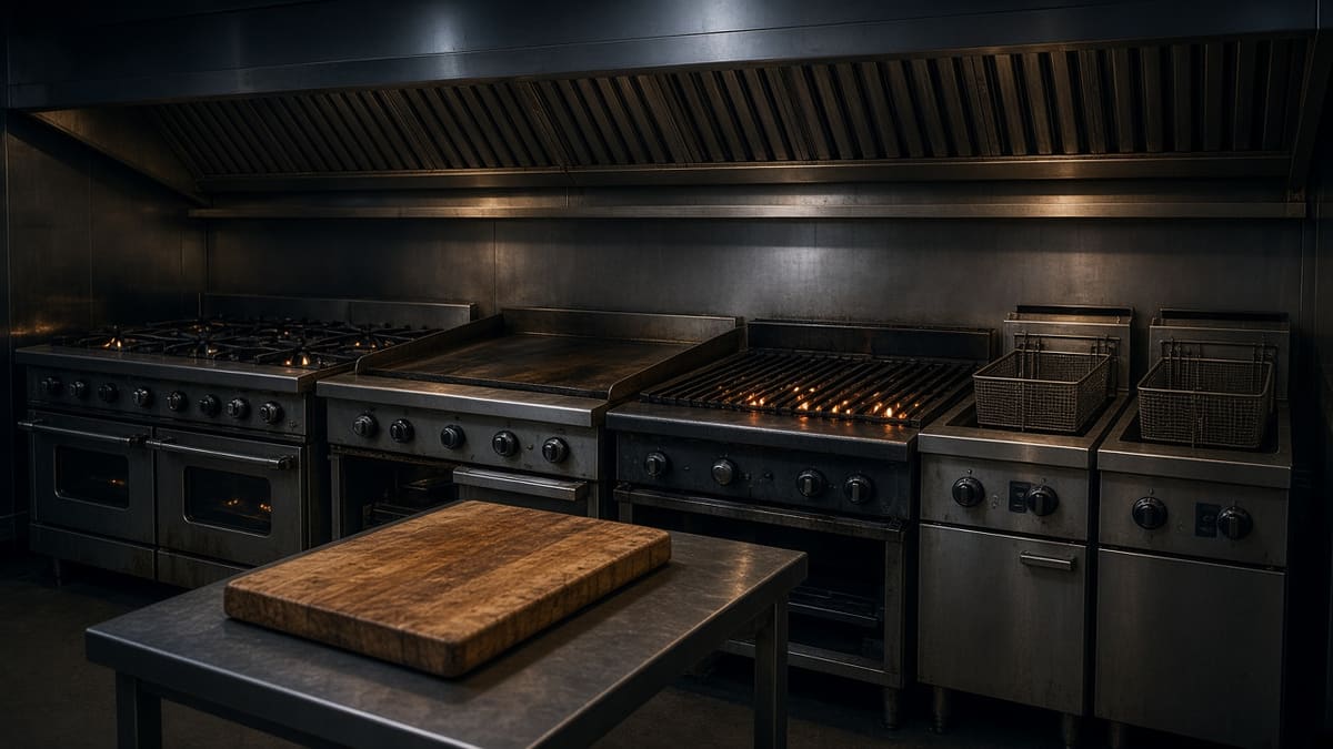 Commercial cook line with range, griddle, charbroiler and fryers under a stainless exhaust hood.