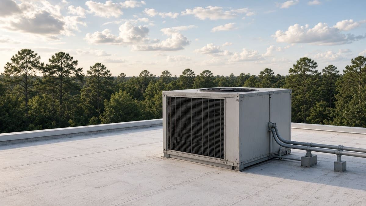 Rooftop package HVAC unit on a restaurant roof with pine trees on the horizon.