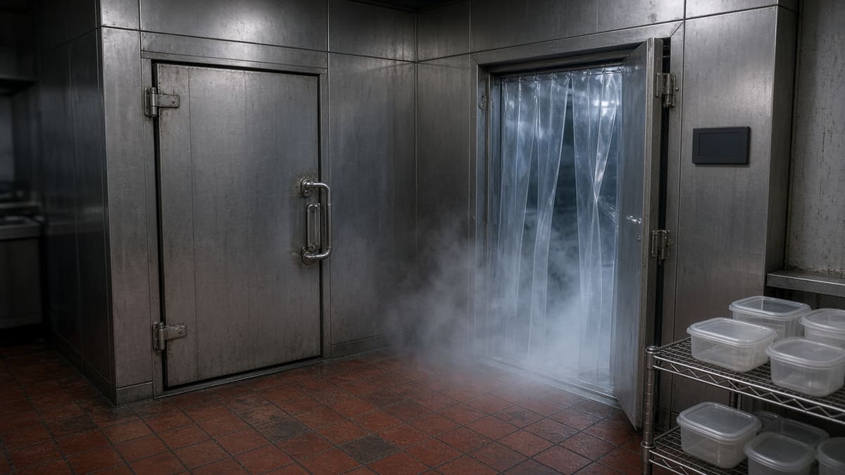 Stainless steel walk-in cooler and freezer doors in a restaurant back of house, cold mist at the strip curtain.